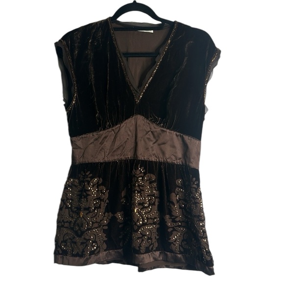 MARELLA brown velvet embellish  Regencycore burnout  baby doll top size 8 Fariy - Picture 2 of 11